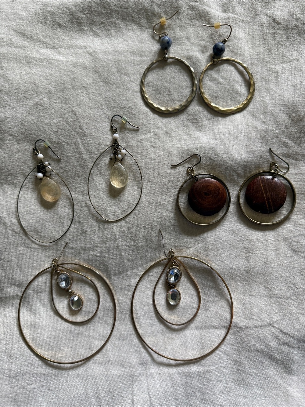Mixed-Metal Hoop and Drop Earrings Set in Gold, Silver, Brown